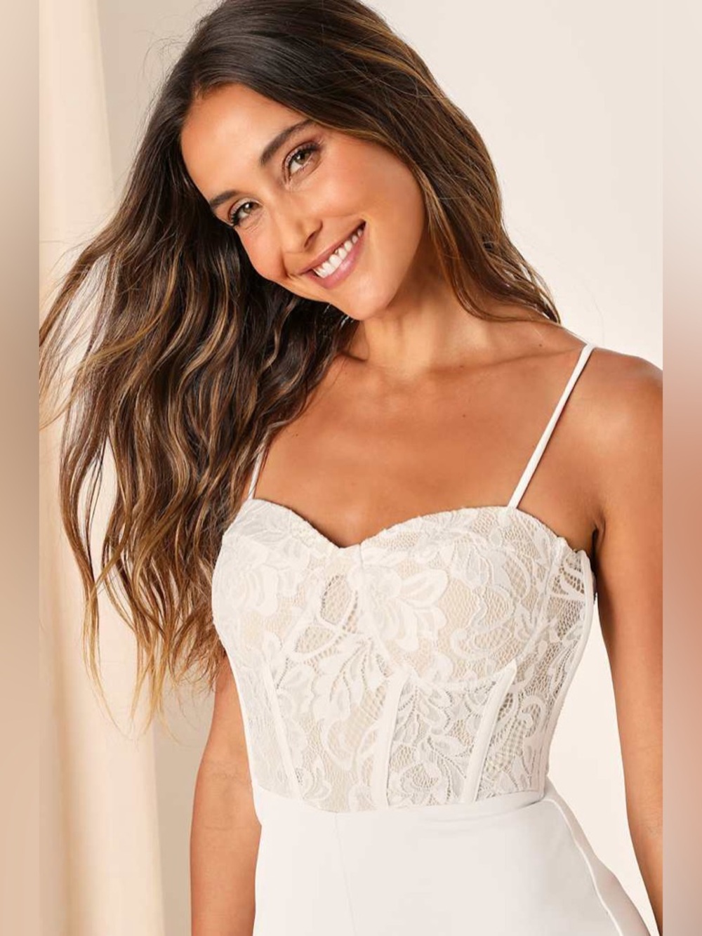 LULU'S Eloquently Enticing White and Beige Lace Bustier Jumpsuit - Picture 4 of 6